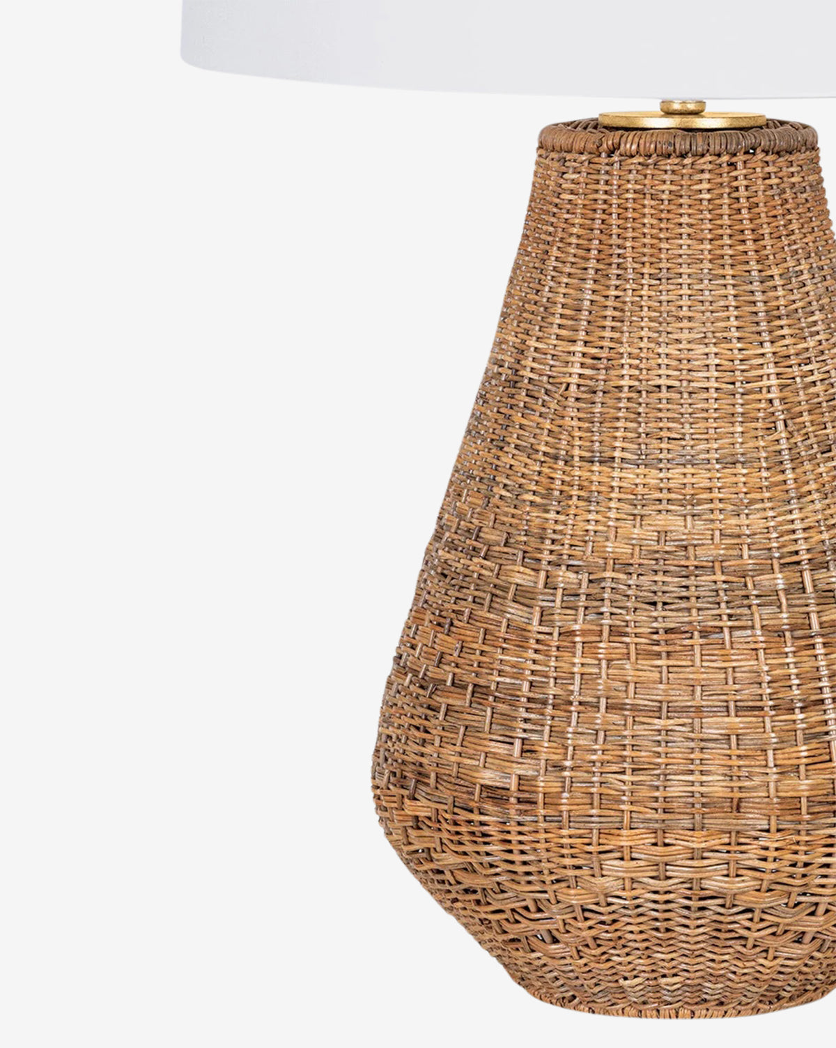 A close-up of the Eastbridge Abaca Table Lamp, featuring a woven abaca base and a partially visible white linen shade, set against a plain white background by Vendixs