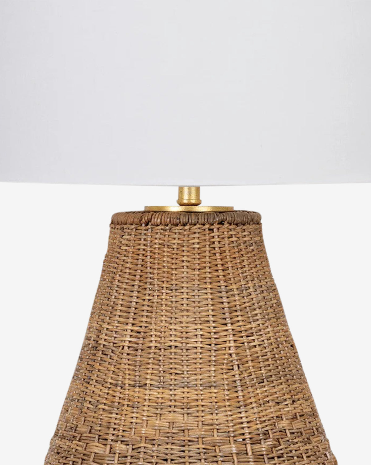 A close-up of the Eastbridge Abaca Table Lamp, featuring a woven rattan base and a plain white lampshade, set against a white background, by Vendixs