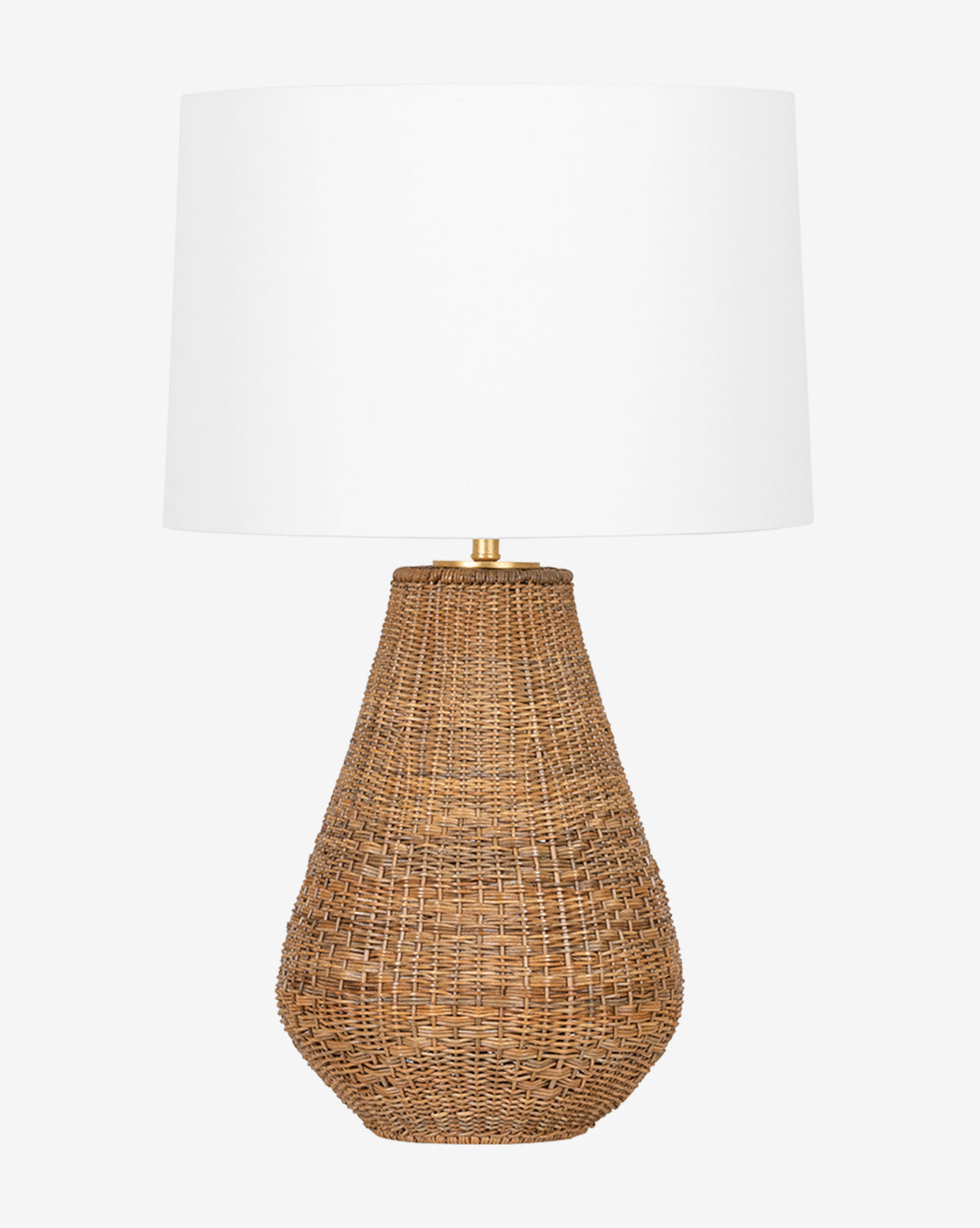 The Eastbridge Abaca Table Lamp by Hudson Valley Lighting features a woven rattan base in natural brown and a large white linen shade, creating a warm, inviting ambiance. Vendixs