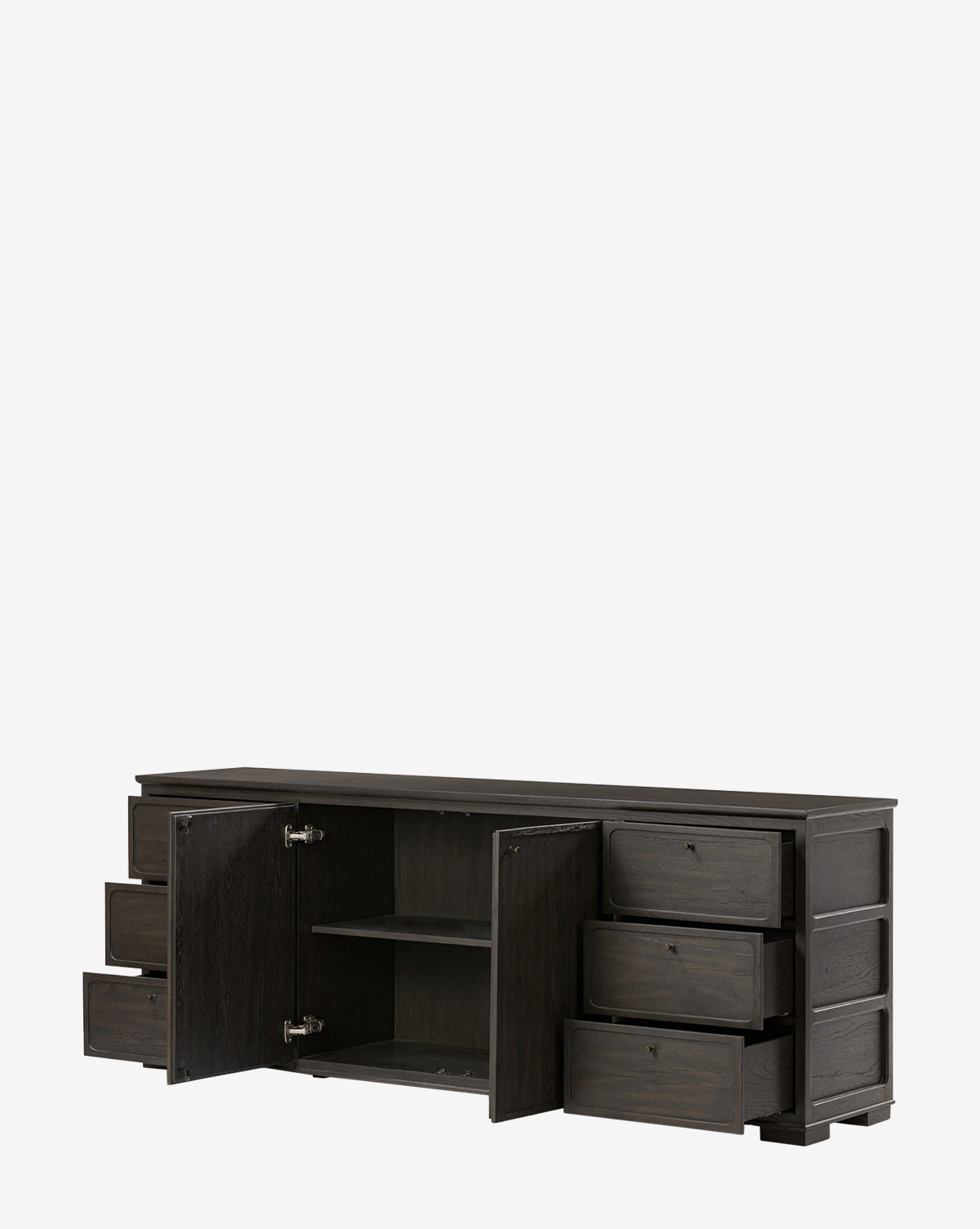 The Eldoria Oak Sideboard, finished in dark oak, features four drawers on each side and two central cabinet doors with interior shelving, displaying modern deco style against a plain white background, by Vendixs