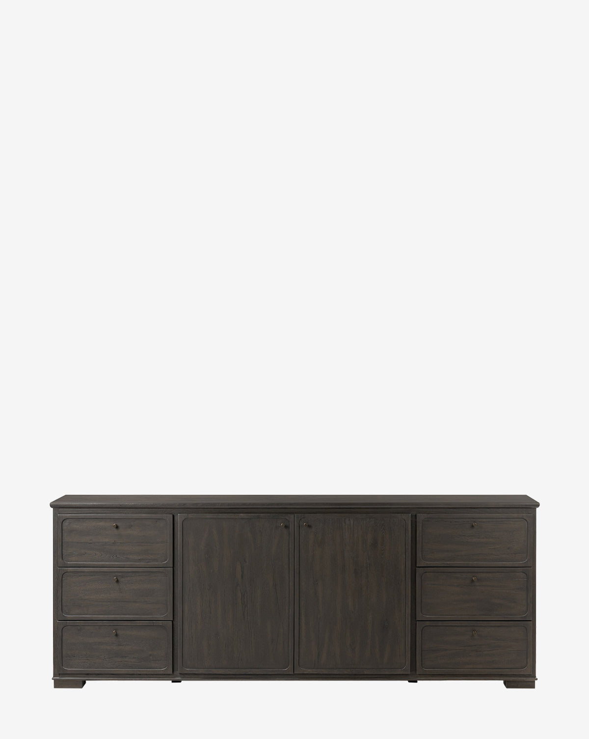 The Eldoria Oak Sideboard features a sleek black oak finish, six drawers (three per side), and two central cabinet doors. Set against a white background, it’s ideal for fans of modern deco furniture by McGee & Co.