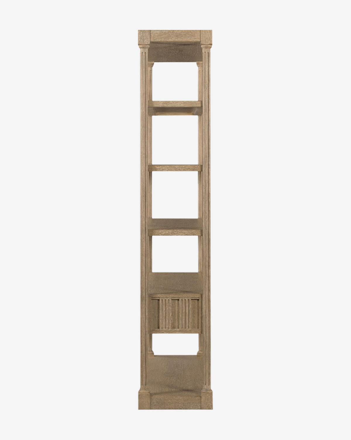The Elena Bookcase, tall and narrow, is made from hardwood solids and oak veneer, featuring five open shelves and a decorative bottom panel, shown on a plain white background by Vendixs