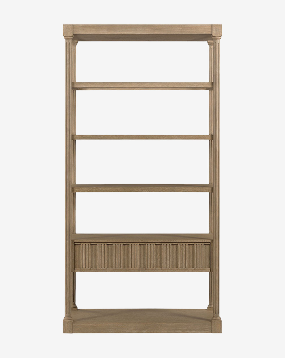 The Elena Bookcase offers four open shelves and a closed lower cabinet with vertical grooves, crafted from hardwood solids and oak veneer, set against a plain white background by Vendixs