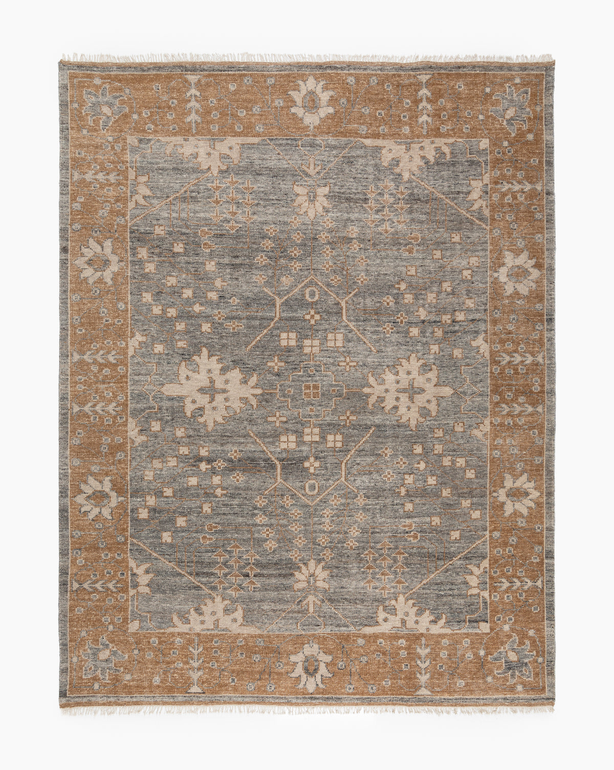The Elison Hand-Knotted Wool Rug features a gray center, brown border, and intricate beige and light brown floral and geometric patterns. Inspired by traditional textiles, it has artisan fringed edges on the shorter sides, by Vendixs