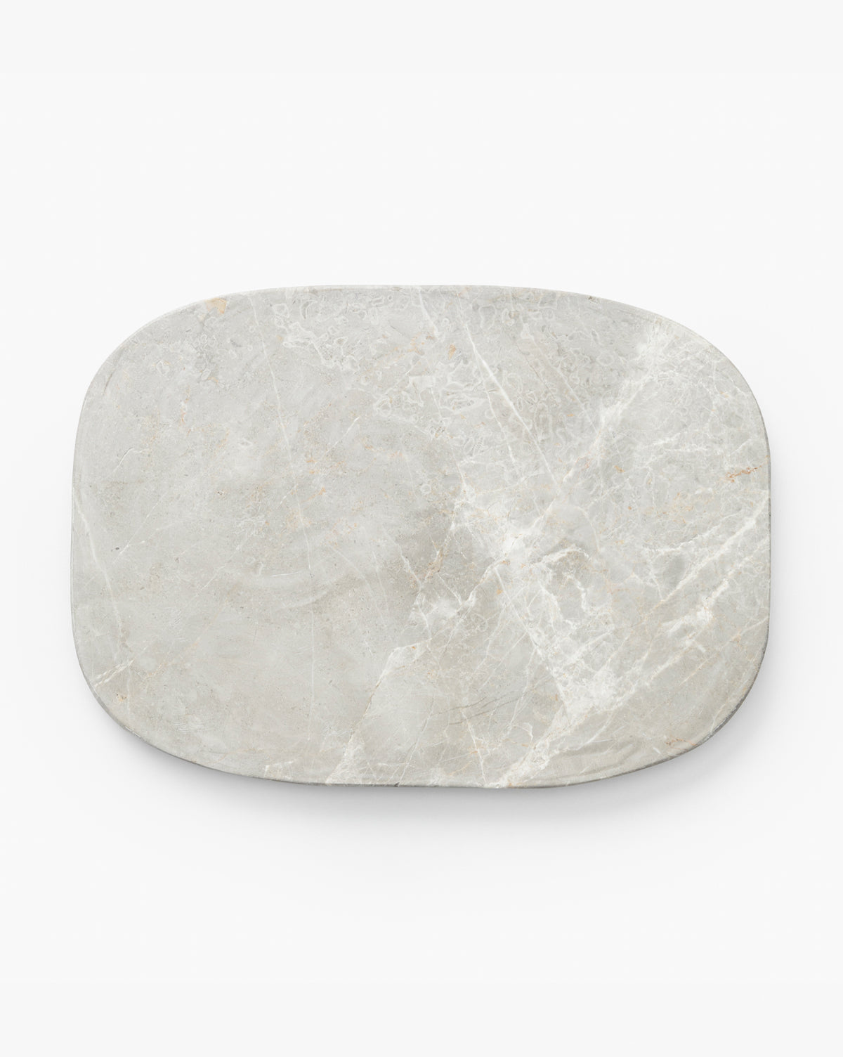 The Eliza Marble Tray is a rectangular tray with rounded corners, crafted from light gray marble featuring subtle white veining, and is shown on a white background, by McGee & Co.
