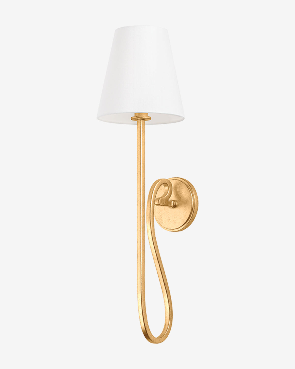 The Elmhurst Sconce by Hudson Valley Lighting showcases a gold-finished structure with a curved, looping stem, round base, and is topped with a simple white linen shade for an elegant look. Vendixs