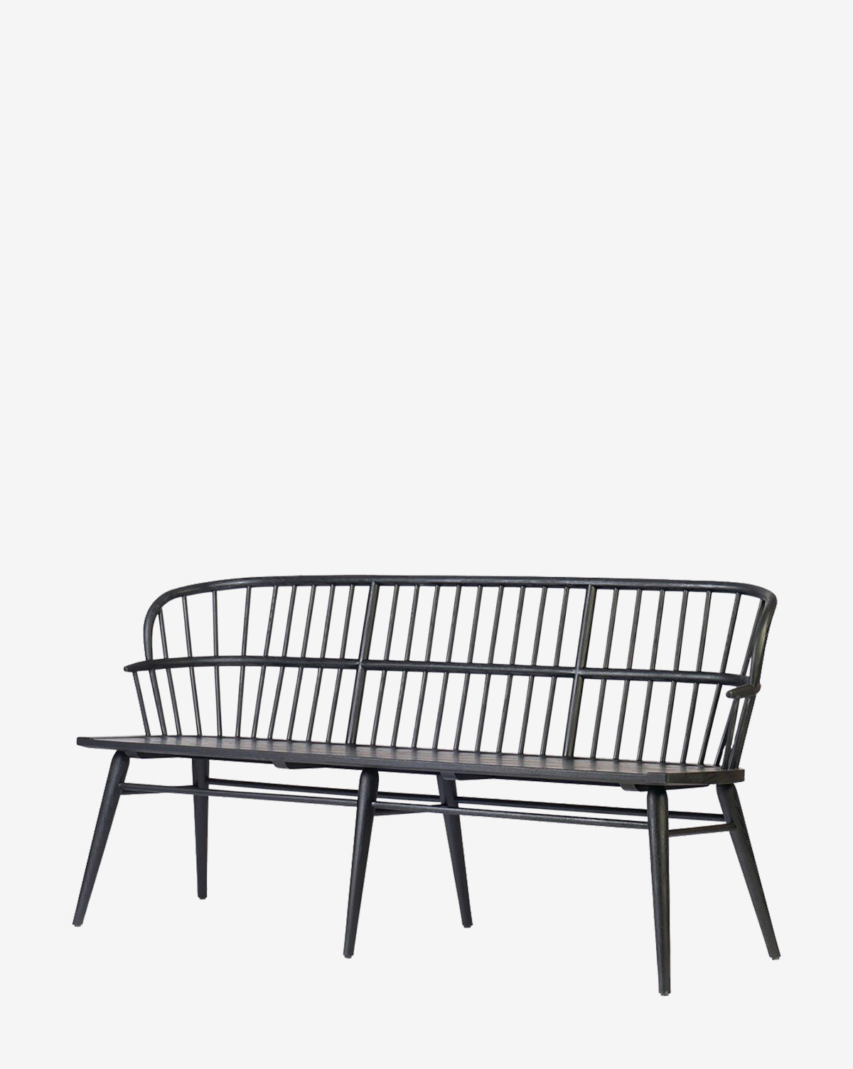 The Elysia Bench is a black wooden bench with a high, curved spindle backrest and armrests, featuring a solid ash frame for a modern, minimalist look, shown against a plain white background by Vendixs