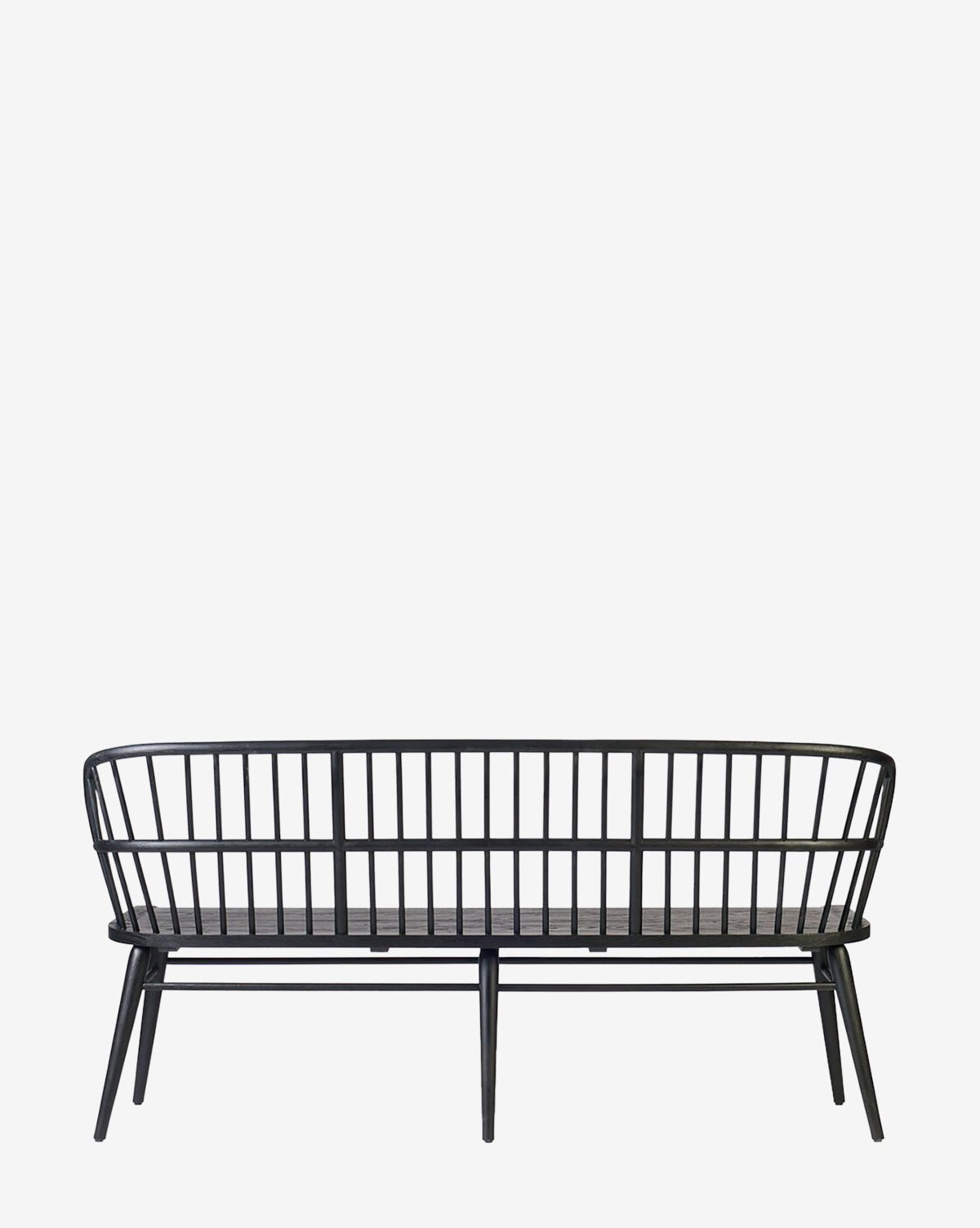 The Elysia Bench showcases a modern design with a solid ash frame, vertical spindle backrest, and angled legs, displayed against a plain white background by Vendixs