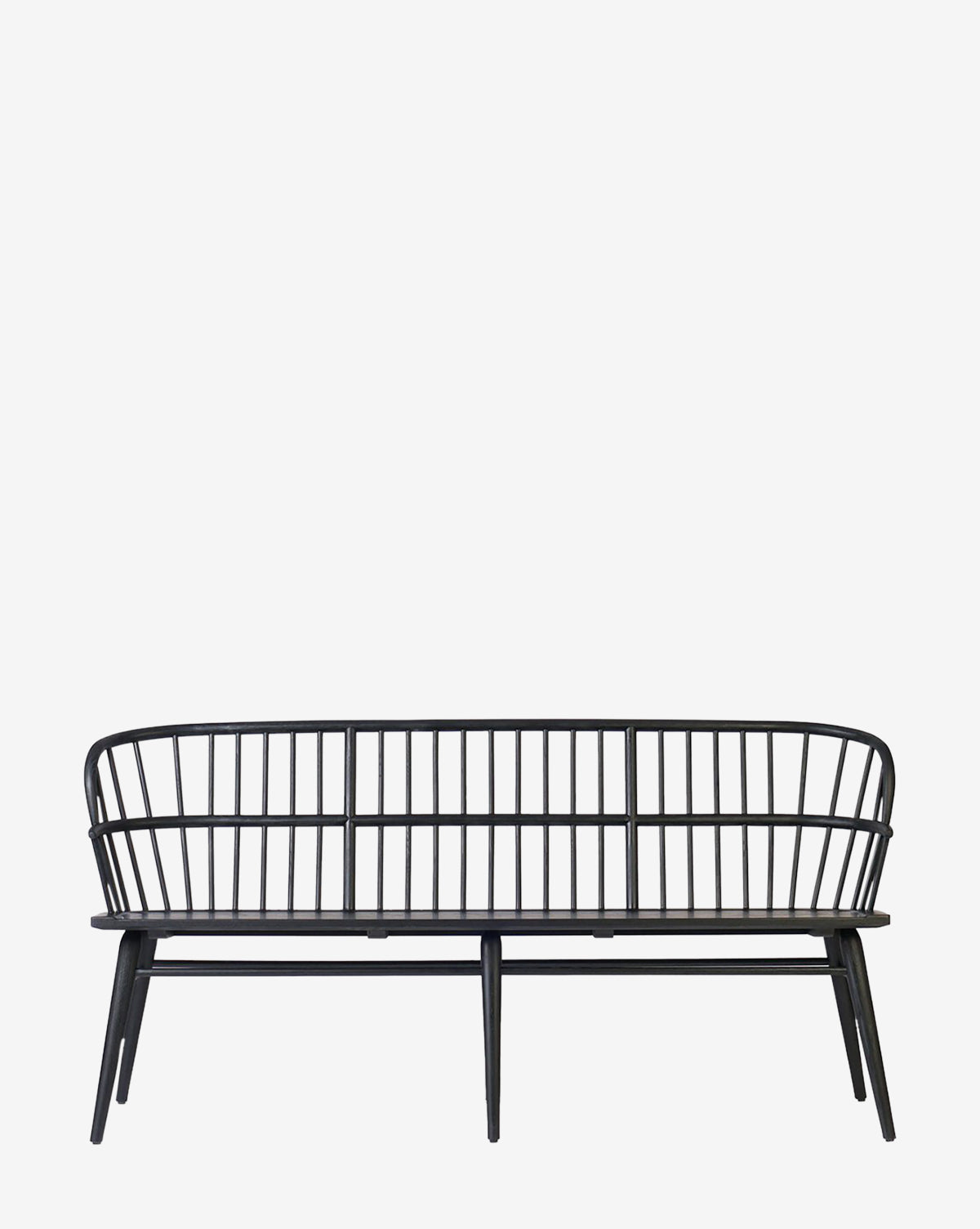 The Elysia Bench is a modern seat with a solid ash frame, black wood construction, a high rounded backrest with vertical slats, and angled legs in a minimalist design, by Vendixs