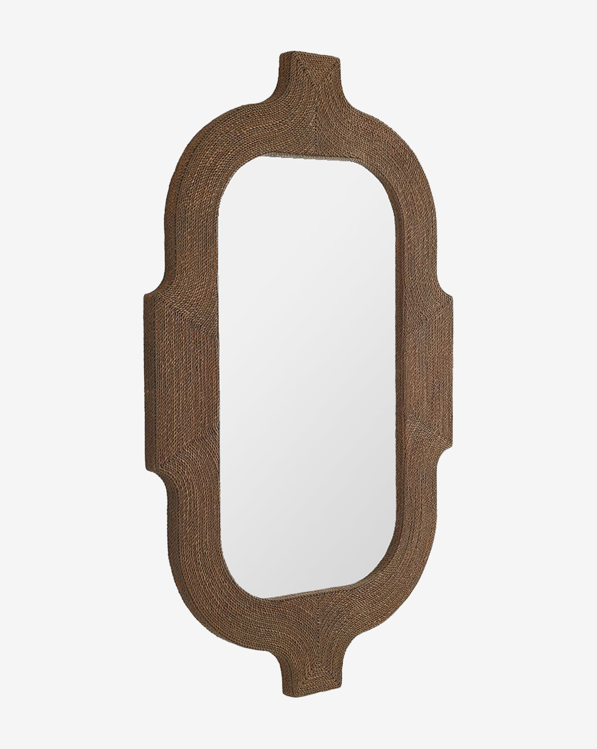 The Elysia Mirror features a rectangular reflective surface framed by an ornate, brown textured border with curved edges inspired by Indian architecture, by Vendixs