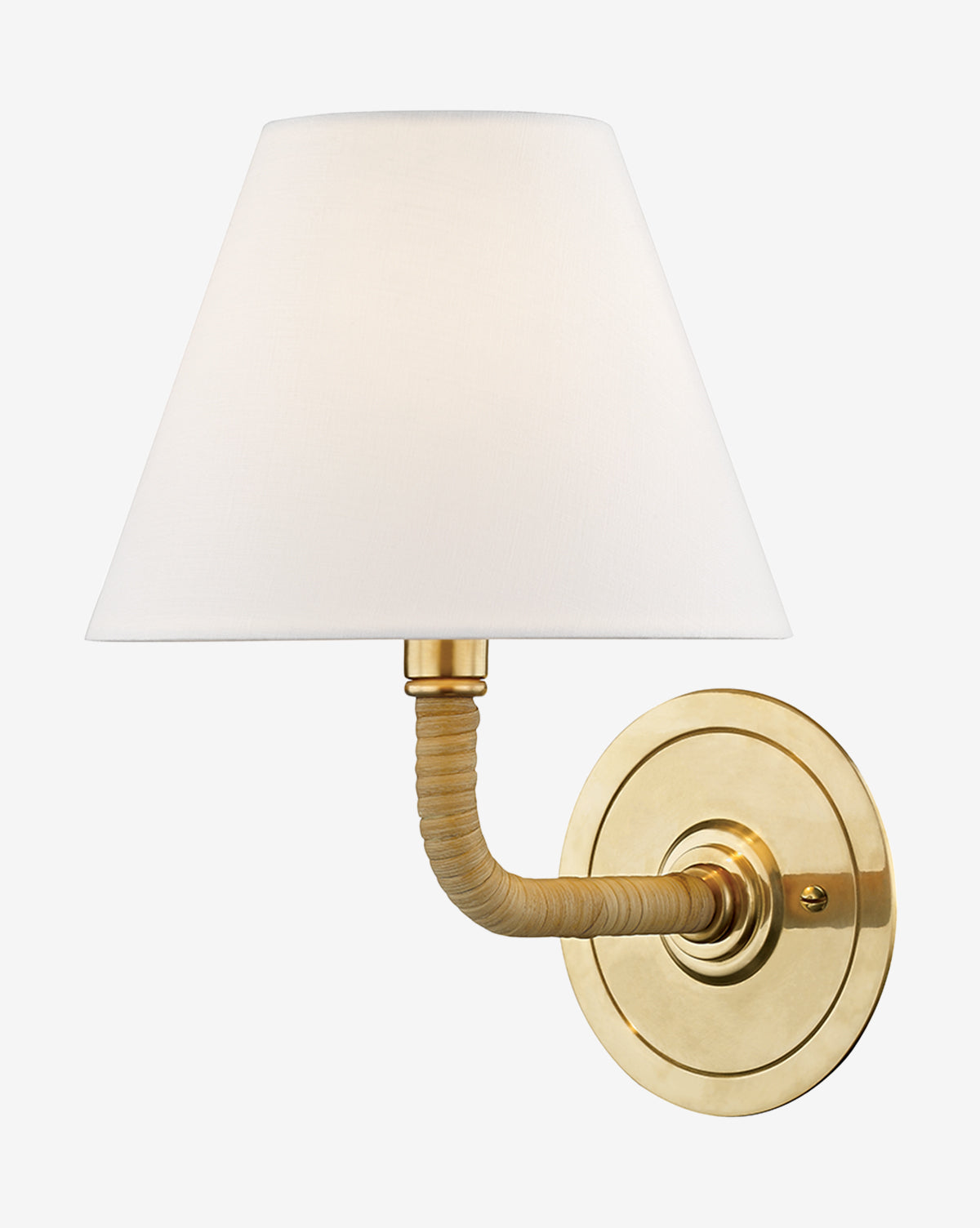 The Emmi Wall Sconce by Hudson Valley Lighting features a circular base with brass accents, a curved arm wrapped in textured material, and a crisp white linen cone shade by Vendixs