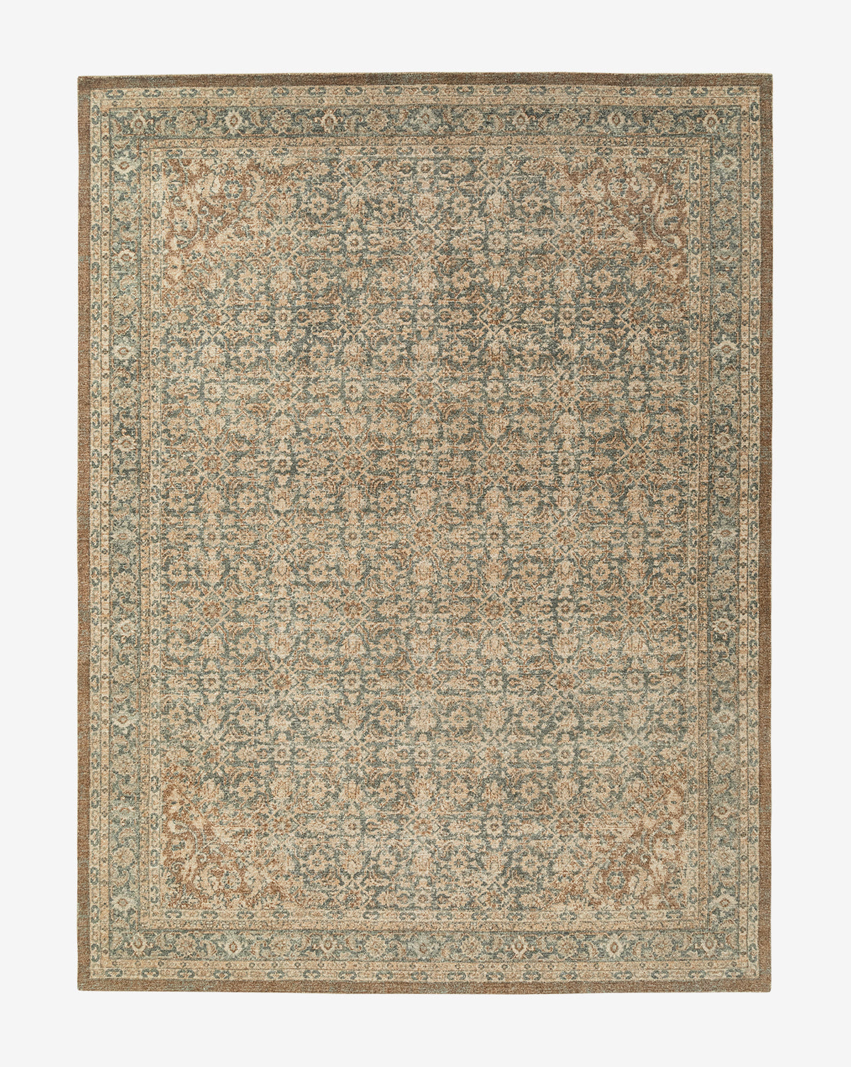 The Endicott Hand-Tufted Wool Rug features an intricate, vintage-inspired traditional floral and geometric pattern in muted beige, brown, and blue-green tones with a detailed decorative border, by Vendixs