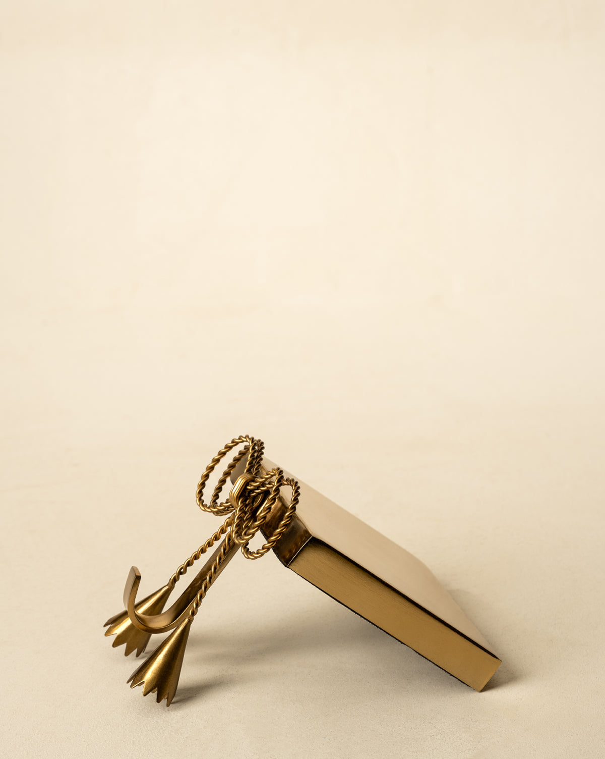 A flat, rectangular gold gift box with a twisted rope and tassels makes a festive accent piece—ideal for the holidays or displayed next to the Erika Stocking Holder in antique brass, by Vendixs