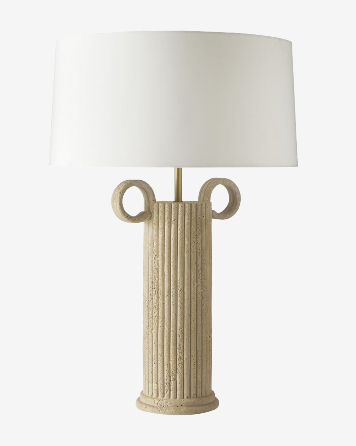 The Eros Table Lamp boasts a textured faux travertine base with two circular handles, vertical ridges, and is finished with a wide ivory microfiber shade for refined style, by Vendixs