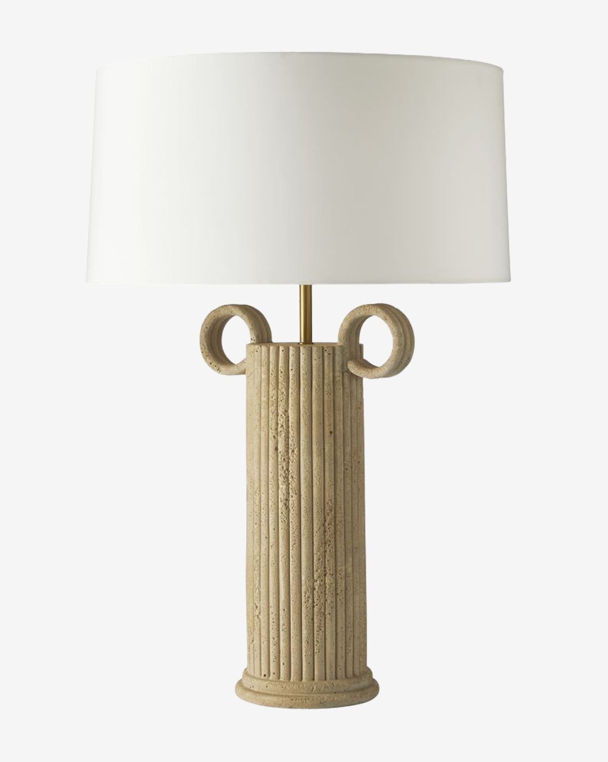 The Eros Table Lamp has a textured fluted faux travertine base with two circular handles and an ivory microfiber shade, adding classical, sculptural elegance to any space, by McGee & Co.