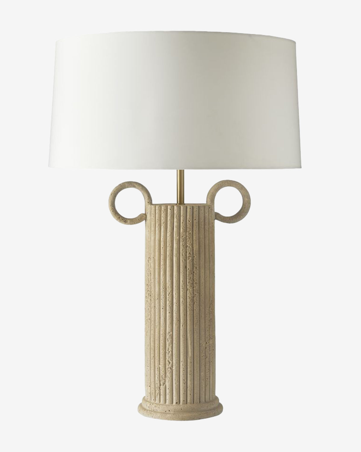 The Eros Table Lamp by Arteriors features a sculptural faux travertine base with two circular handles and a large ivory microfiber shade, bringing timeless elegance to any space with its classical column-inspired design by Vendixs