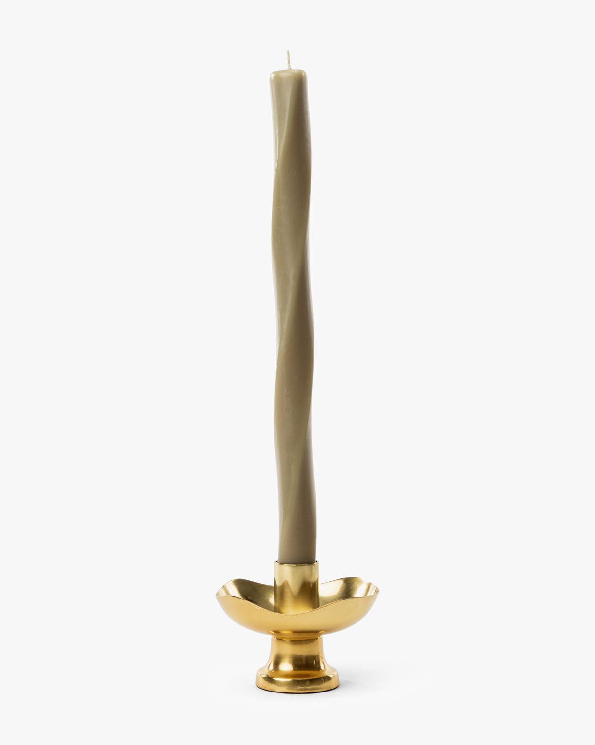 A set of six Errol Wax Tapers, each tall and elegantly twisted, stands upright in glossy, gold-toned holders against a white background—showcasing sculptural candle design by Vendixs