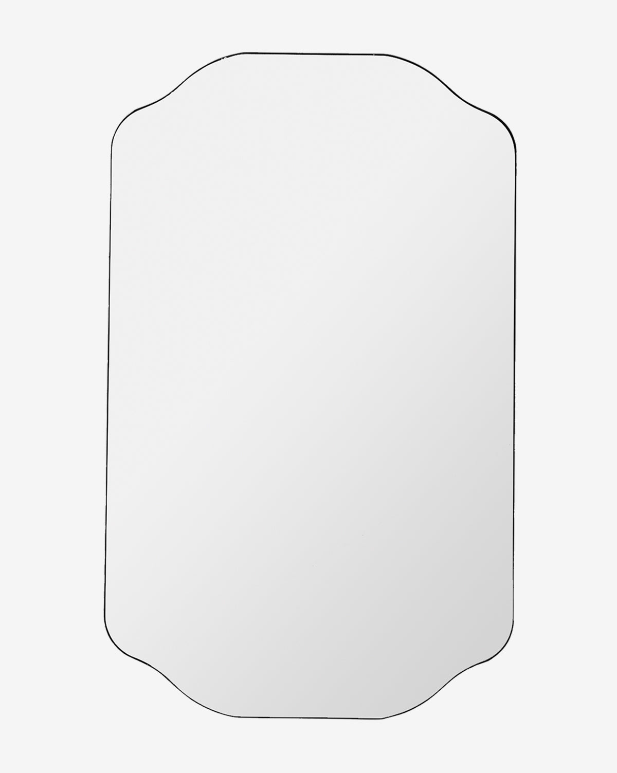 The Ethel Wall Mirror features gently curved edges and a slim dark metal frame, shown here against a plain white background, by Vendixs