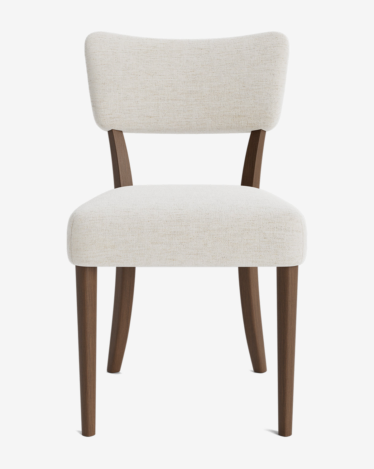 The Etienne Dining Chair features a modern, customizable design with a cushioned off-white fabric seat and backrest, plus four tapered wooden legs, displayed against a plain white background by McGee & Co.