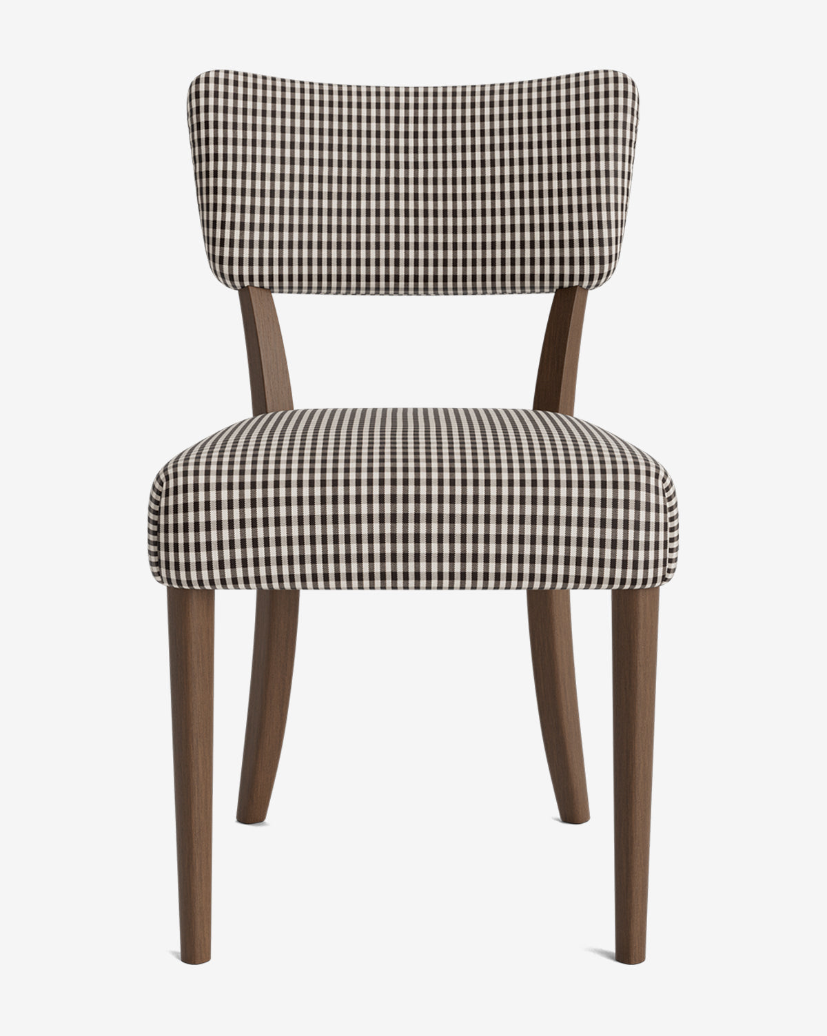 Front view of the Etienne Dining Chair, featuring four legs and a cushioned seat and backrest upholstered in black and white checkered fabric, by McGee & Co.