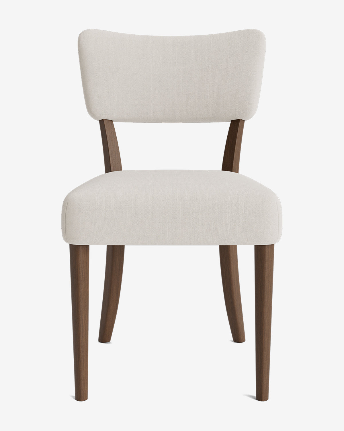 The Etienne Dining Chair offers a soft cream upholstered seat and curved back, set on four dark brown angled wooden legs, blending modern elegance with customizable comfort by McGee & Co.