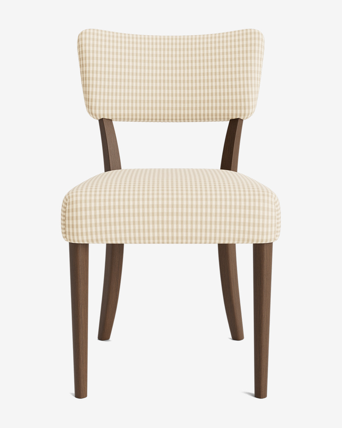 The Etienne Dining Chair has light brown wooden legs and a cushioned seat and back in beige and white gingham fabric, bringing vintage charm as a classic dining chair on a plain white background by McGee & Co.
