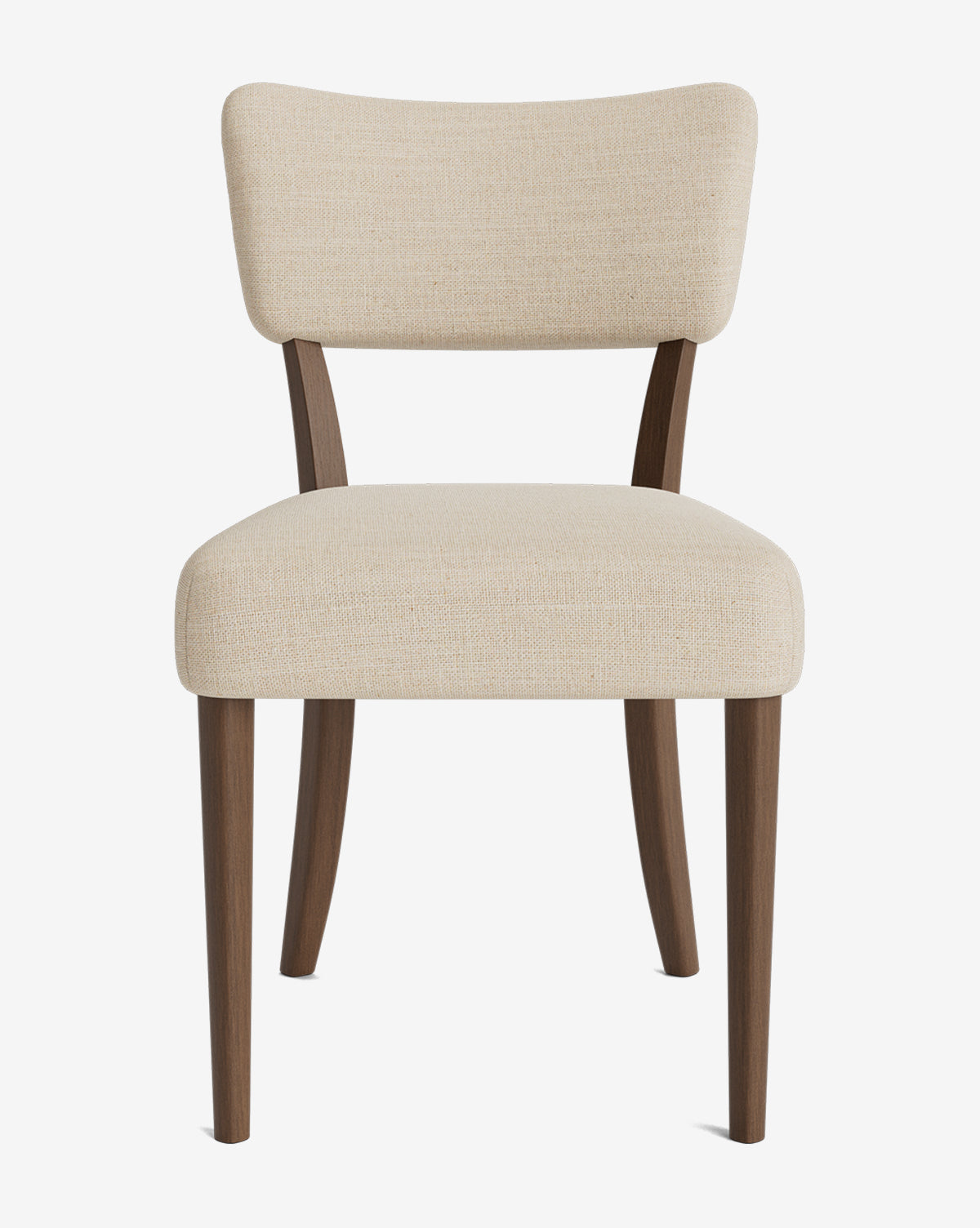 The Etienne Dining Chair has a light beige upholstered seat and backrest, wooden legs, and a minimalist design that combines modern elegance with vintage charm, by McGee & Co. Shown against a plain white background.