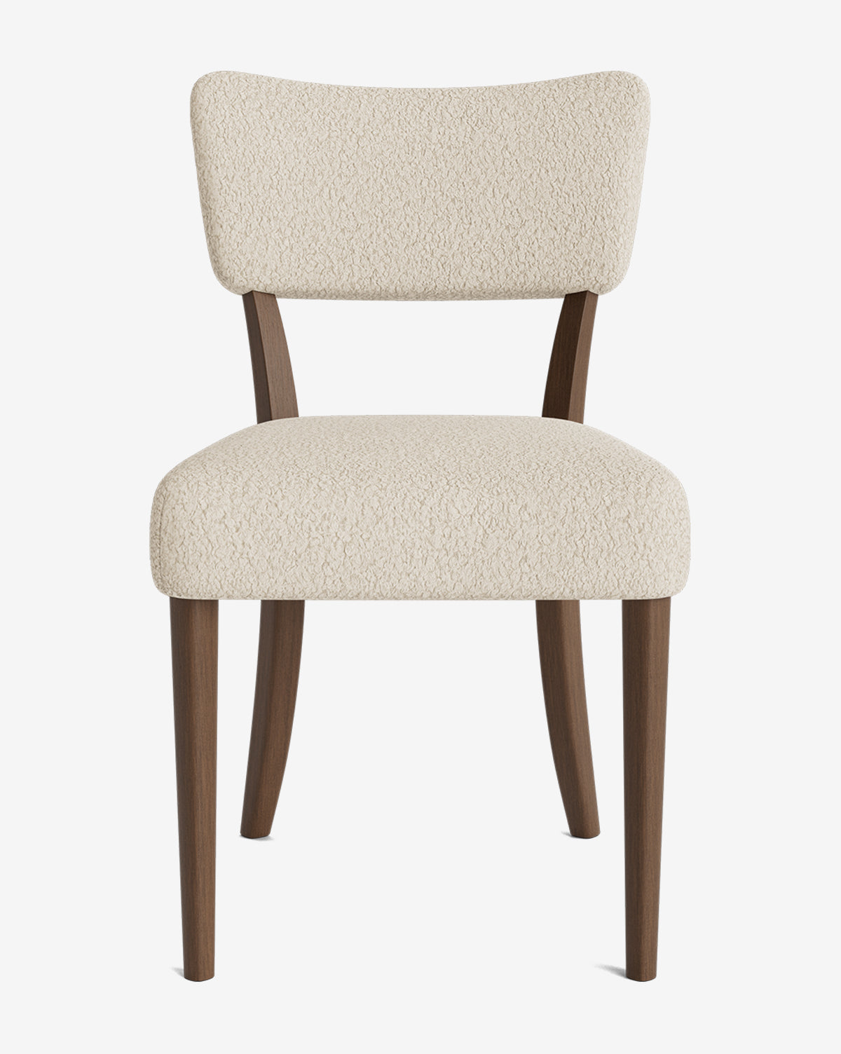 The Etienne Dining Chair features a light beige upholstered seat and back, four angled wooden legs, and a minimalist mid-century design with customizable options, by McGee & Co.