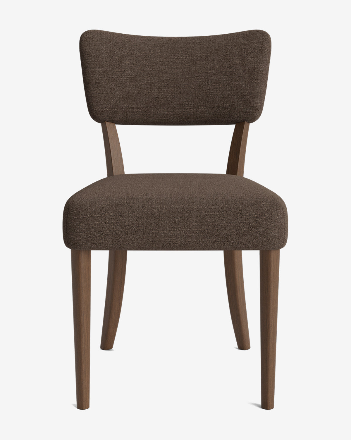 The Etienne Dining Chair is shown from the front against a plain white background, featuring brown upholstery, a curved backrest, and four wooden legs, by McGee & Co.