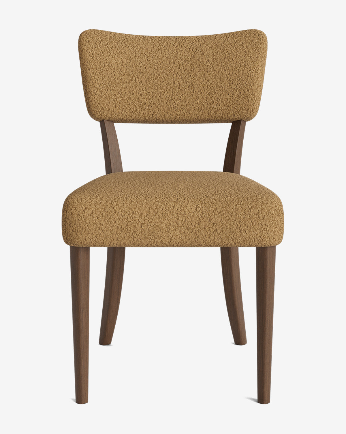 The Etienne Dining Chair features textured tan upholstery, dark wooden legs, and mid-century modern design—ideal as a vintage-inspired dining chair for any stylish space, by Vendixs Shown against a plain white background.