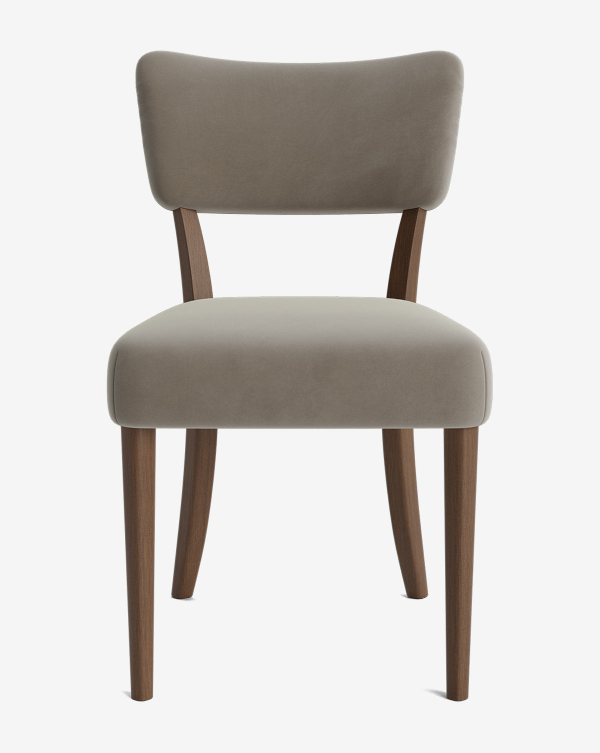 The Etienne Dining Chair features a curved, upholstered taupe backrest and seat, four wooden legs, and a modern minimalist design, shown on a white background by McGee & Co.