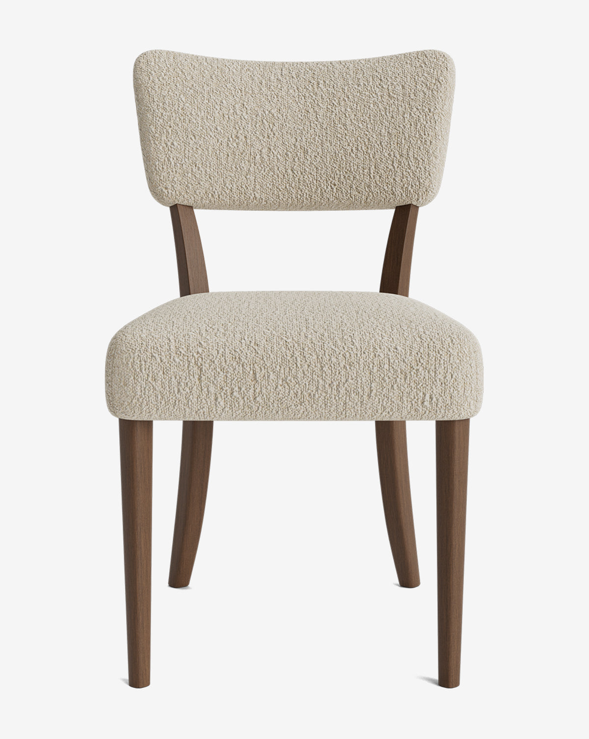 The Etienne Dining Chair features light beige textured upholstery, a curved backrest, and four slightly angled wooden legs in a dark brown finish. This modern chair is customizable for your dining space, by McGee & Co.
