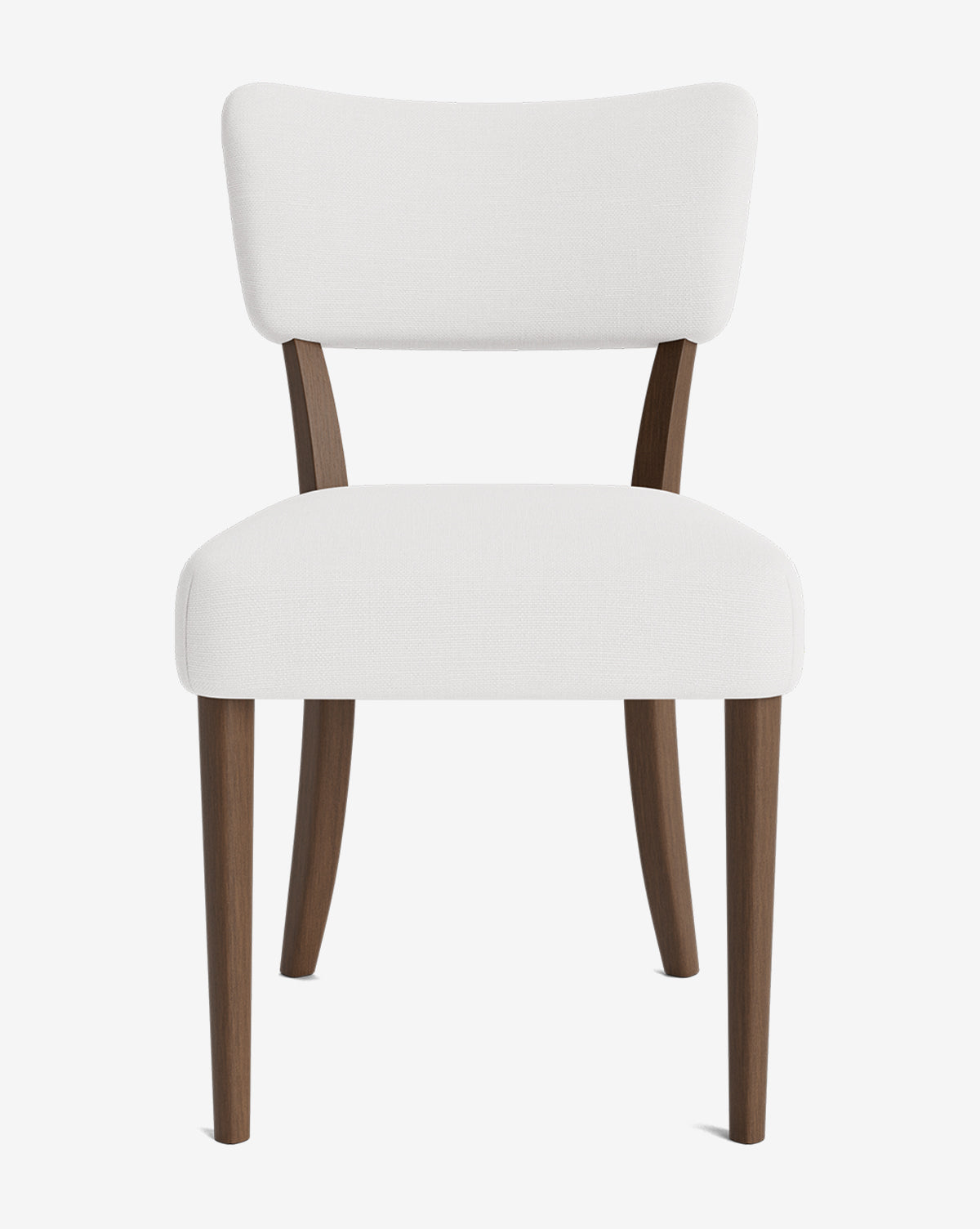 The Etienne Dining Chair features a white upholstered seat and backrest, slightly angled wooden legs, and an open space between the seat and backrest for a modern twist on vintage style, by McGee & Co.