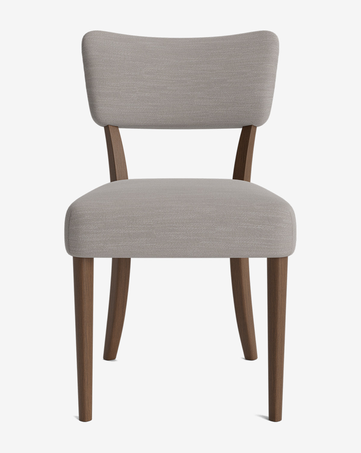 The Etienne Dining Chair is a modern, customizable piece with a light gray upholstered seat and backrest, slightly curved back, and four wooden legs. Shown against a white background by McGee & Co.
