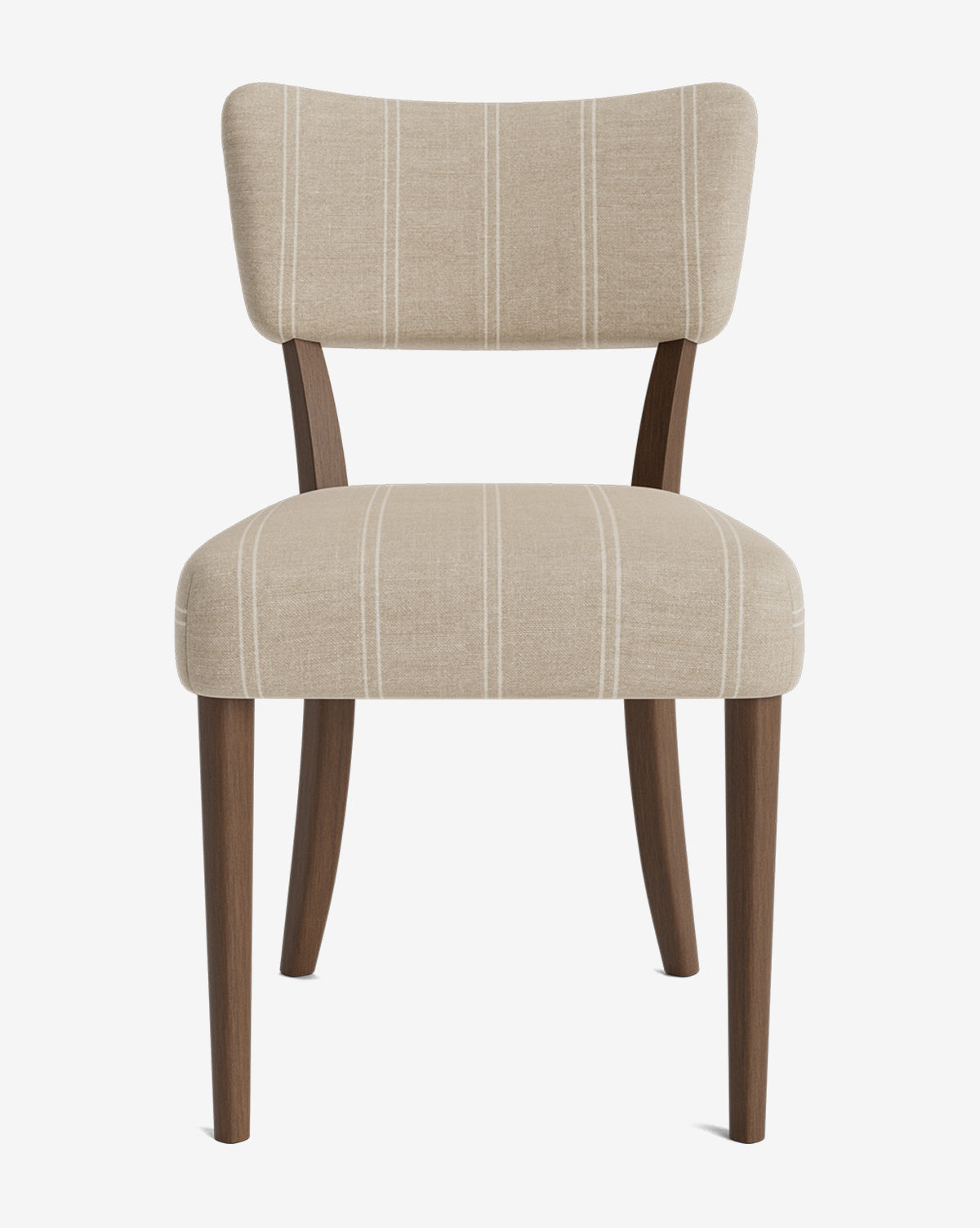The Etienne Dining Chair showcases beige upholstery with white vertical stripes, a curved backrest, and dark wood legs, blending vintage elegance with modern comfort against a plain white background by McGee & Co.
