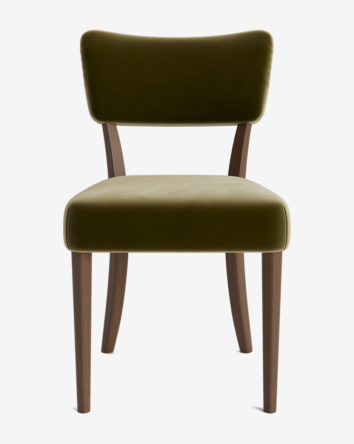 The Etienne Dining Chair has an olive green upholstered seat and backrest with four slightly angled dark brown wooden legs, shown against a white background, by McGee & Co.