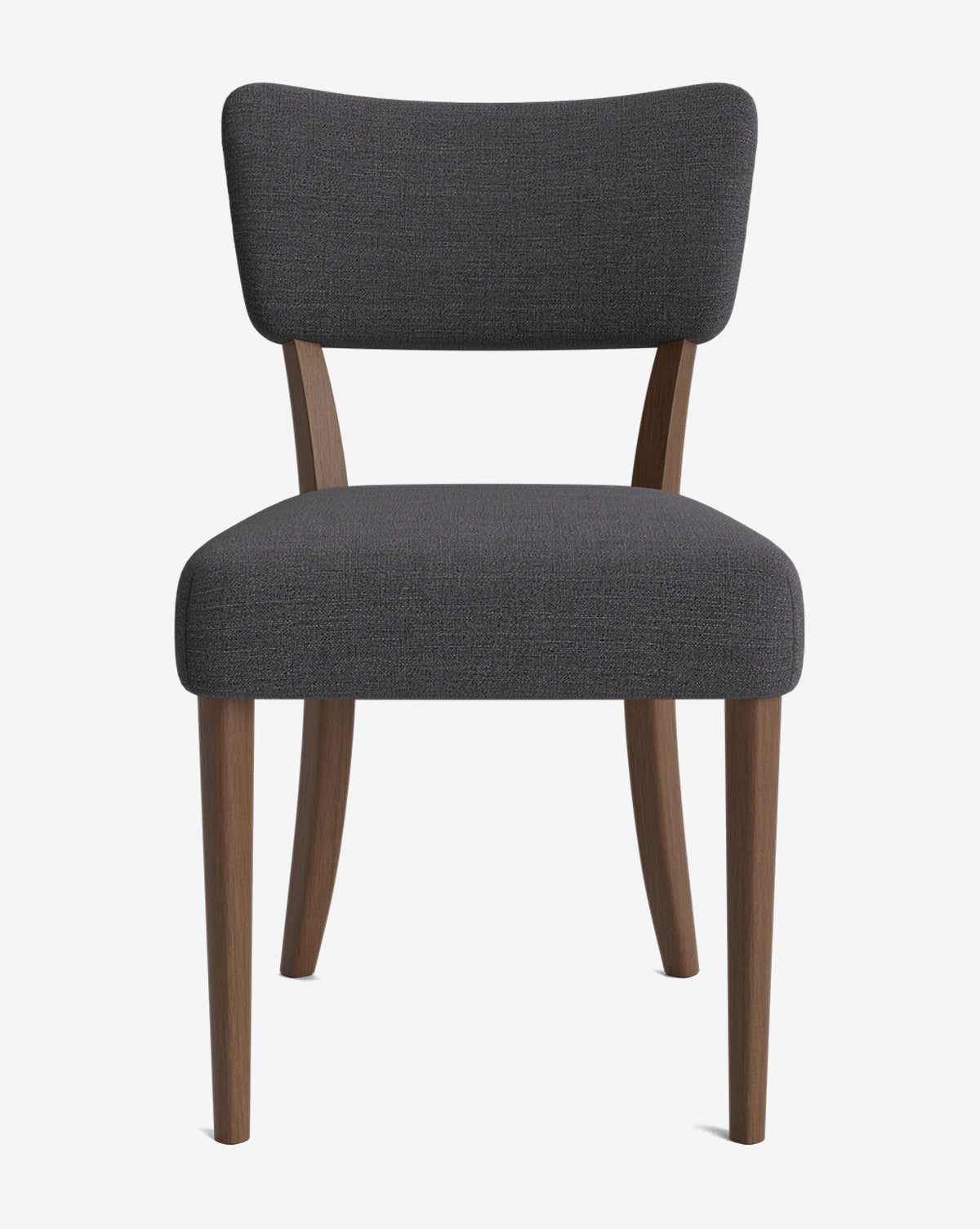 The Etienne Dining Chair features a dark gray upholstered seat and backrest, four angled wooden legs, and a slightly curved wooden back support against a plain white background by McGee & Co.