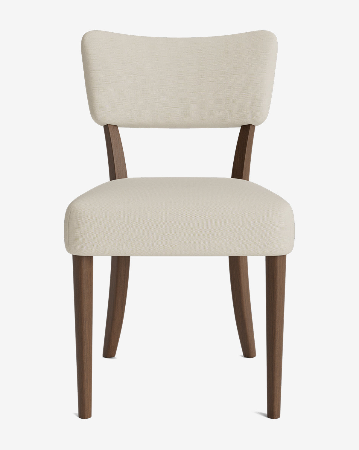 The Etienne Dining Chair offers a cream upholstered seat and backrest with wooden legs, vintage-inspired details, a gently curved backrest, and straight legs for a simple yet elegant look by McGee & Co.