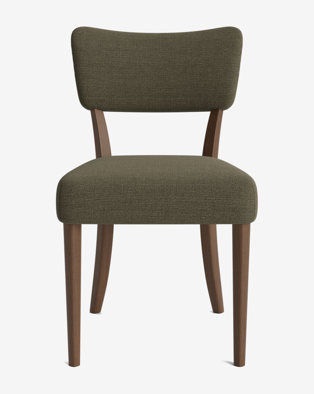 The Etienne Dining Chair has a dark olive green upholstered seat and backrest, wooden legs, and a mid-century design. Shown on a white background, this dining chair is customizable by McGee & Co.