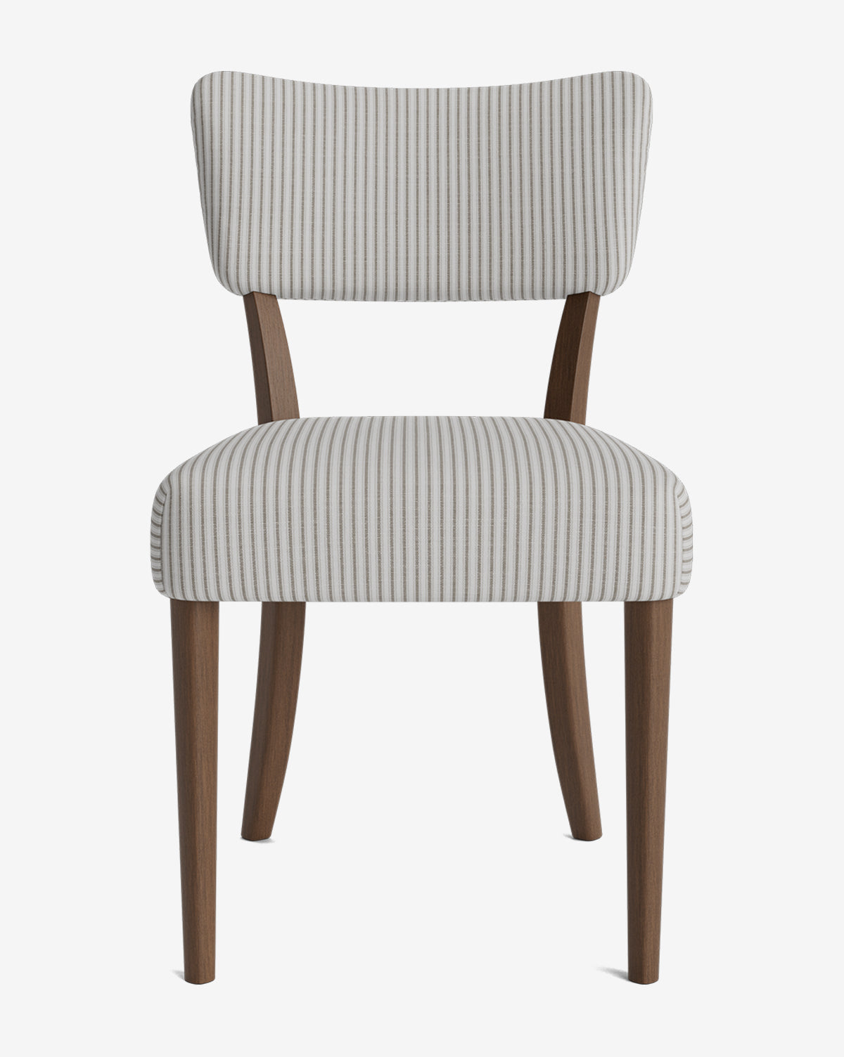 The Etienne Dining Chair blends vintage charm with contemporary style, featuring a modern curved backrest and seat in light gray striped upholstery and four straight wooden legs. Customizable for your dining space, by McGee & Co.