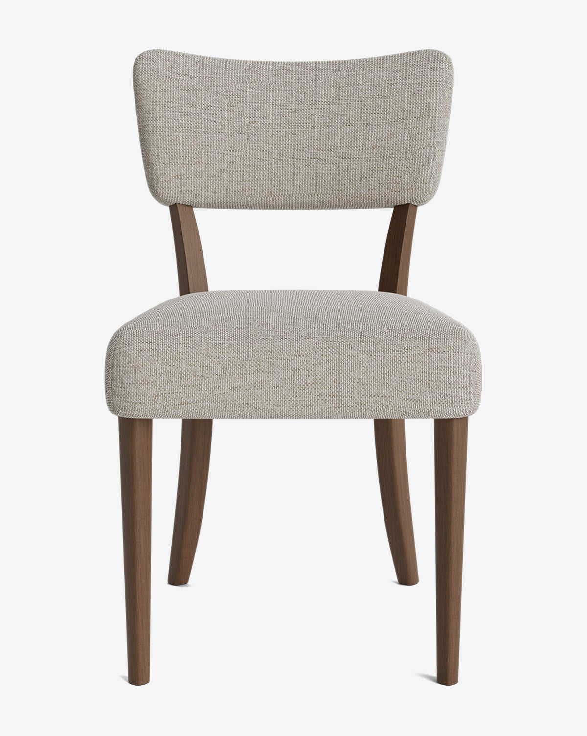 The Etienne Dining Chair features a modern design with a light beige upholstered seat and backrest, curved for support, plus slightly angled medium brown wooden legs, by McGee & Co. Displayed against a white background.