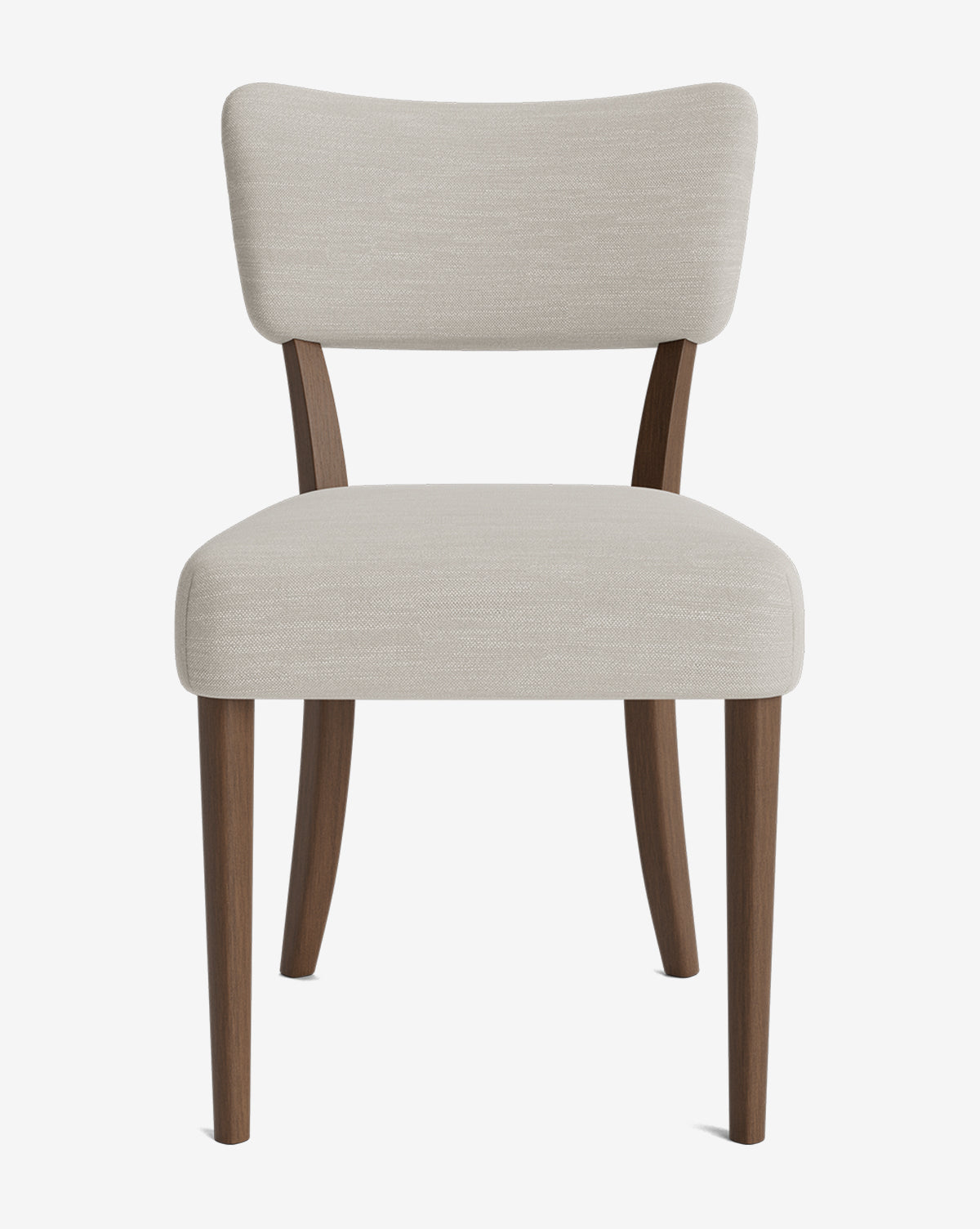 The Etienne Dining Chair features a light beige upholstered seat and backrest, four angled wooden legs, and a gently curved back for support. Its simple, elegant design makes it perfect for any contemporary space, by McGee & Co.