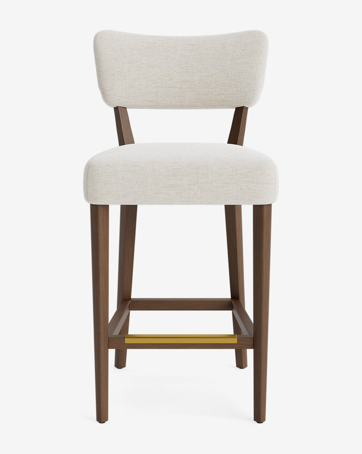 The Makerspalm Etienne Stool is a modern, vintage-inspired bar stool featuring a cushioned light beige seat and backrest, dark brown wooden legs, and a brass footrest, shown against a plain white background. Vendixs