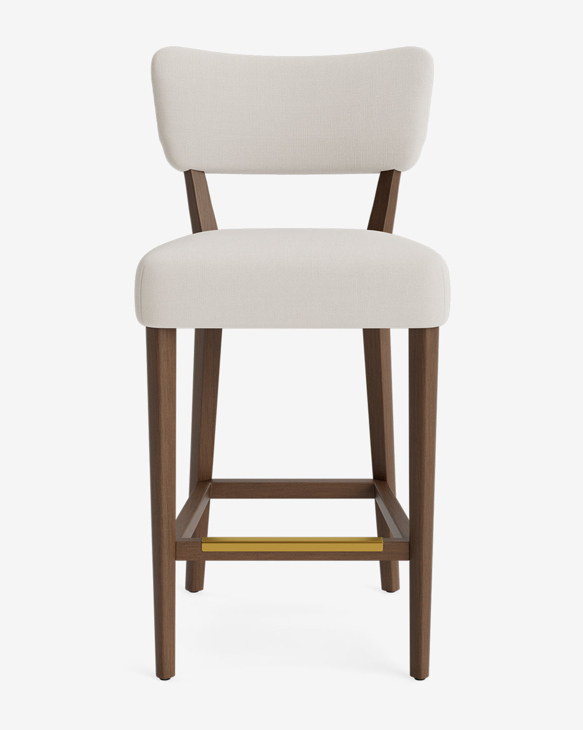 The Makerspalm Etienne Stool is a vintage-inspired bar stool with a cushioned light beige fabric seat and back, dark brown wooden legs, and a gold footrest. Vendixs