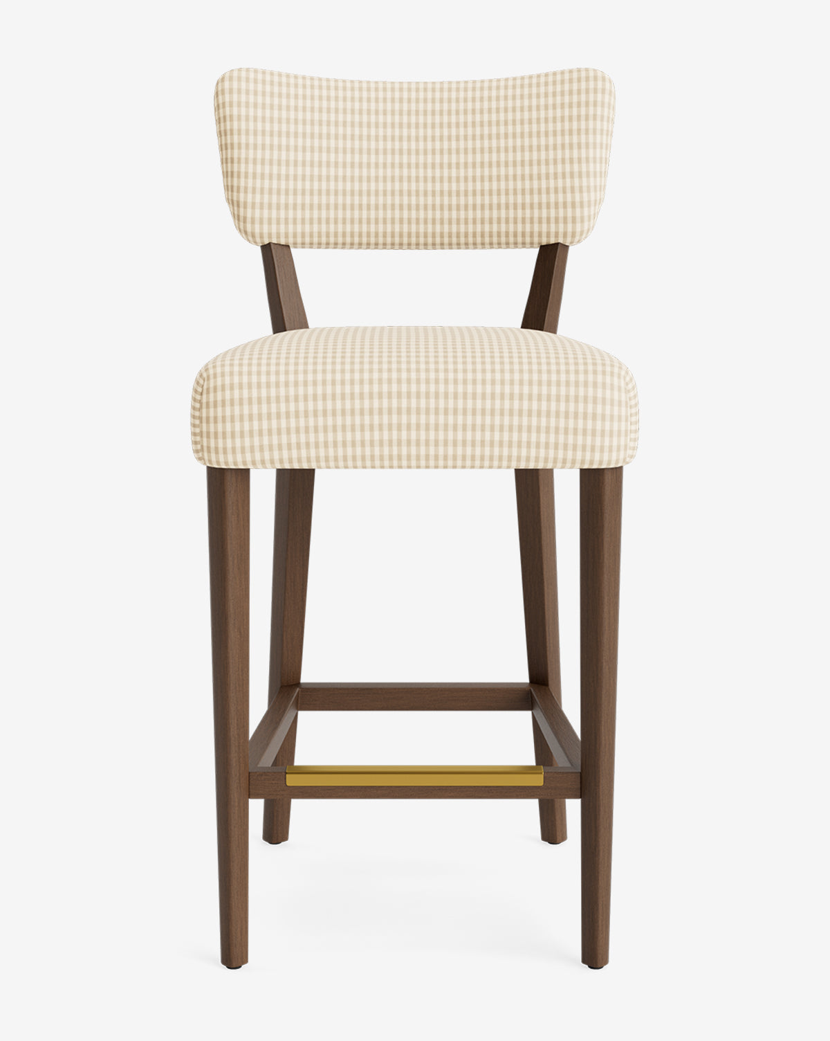 Certainly! Here’s your blended description with the exact string at the end: Front view of the customizable Makerspalm Etienne Stool, featuring light wood legs, a cushioned seat and backrest in vintage-inspired beige and white gingham fabric, and a brass footrest. Vendixs
