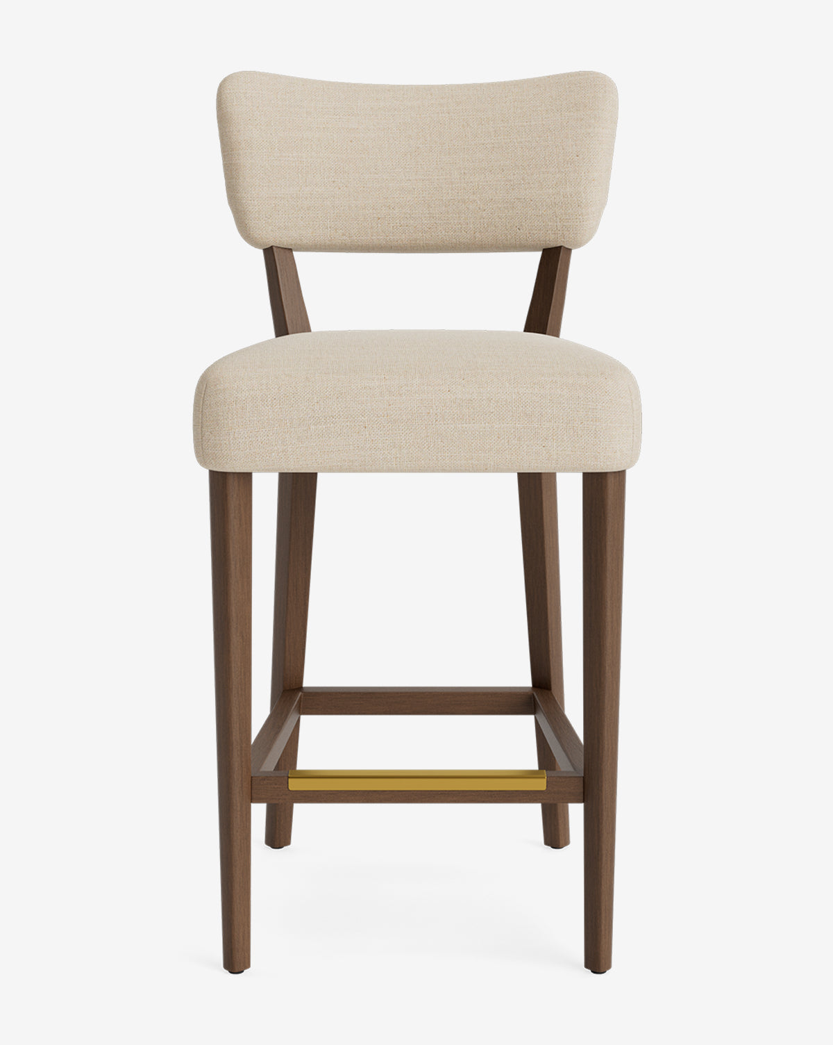 The Makerspalm Etienne Stool features a light beige upholstered seat and backrest, wooden legs, and a brass-finished footrest—all customizable to fit your style, shown against a white background. Vendixs