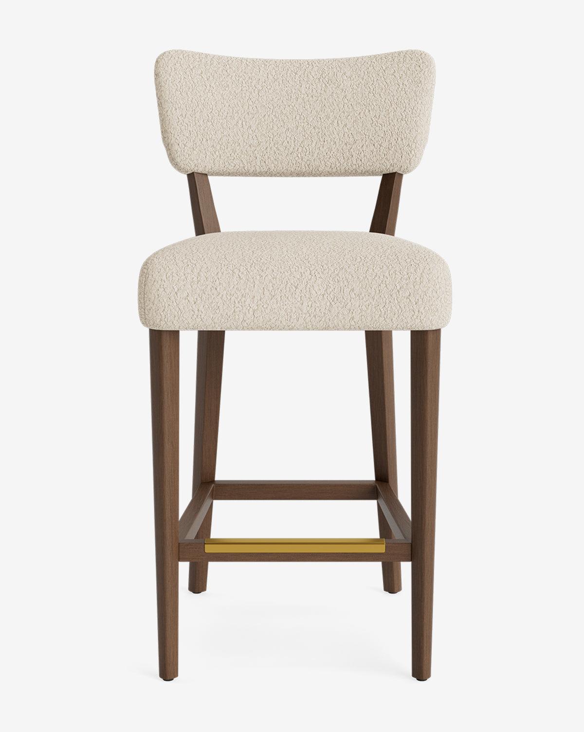 The Makerspalm Etienne Stool is a modern, vintage-inspired bar stool featuring a soft cream cushion and backrest, dark wooden legs, and a gold-colored footrest, displayed against a white background. Vendixs