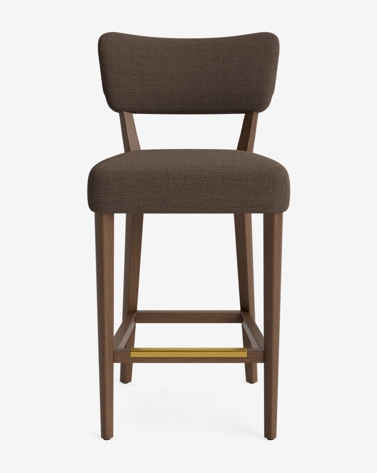 The Makerspalm Etienne Stool features a dark brown upholstered seat and backrest, wooden legs, and a brass-colored metal footrest, shown from the front against a plain white background, Vendixs