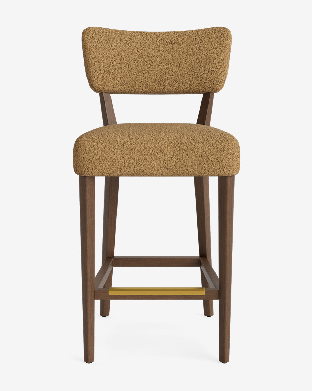 The Makerspalm Etienne Stool features a brown textured upholstered seat and backrest, dark wooden legs, and a brass footrest, adding mid-century modern charm to any space. Vendixs