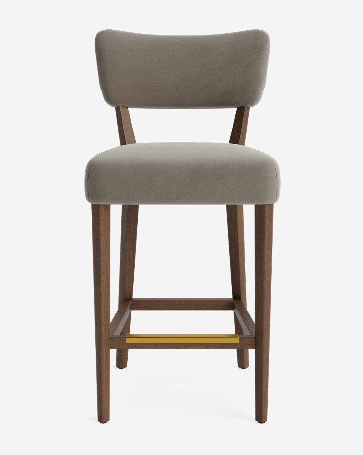 The Makerspalm Etienne Stool showcases a soft gray upholstered seat and backrest, wooden legs, and a horizontal brass footrest. This vintage-inspired barstool is pictured against a white background. Vendixs